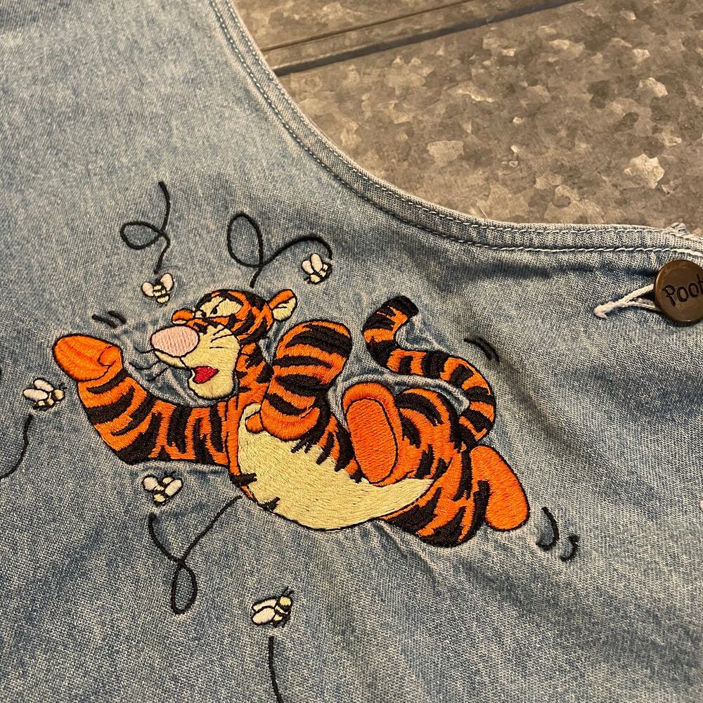 Vintage Disney Winnie the Pooh Tigger Embroidered Overall Dress Large Denim Jean - Picture 3 of 11